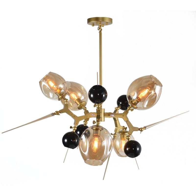 Gold Aluminum Chandelier with Amber & Black Glass Accents