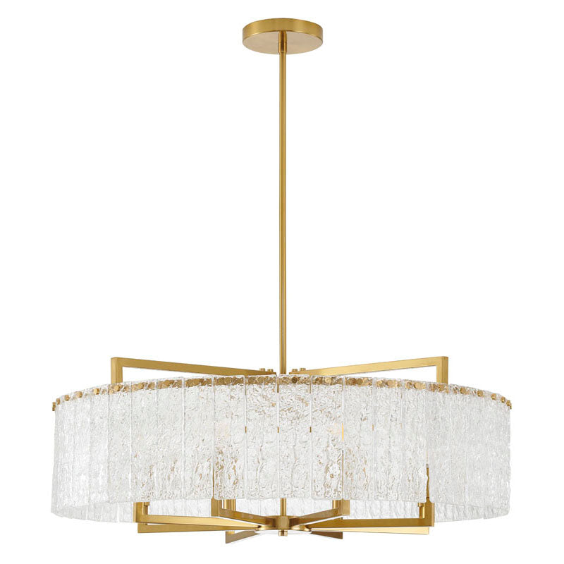 Round Brass Frame Chandelier with Clear Hanging Rippled Glass