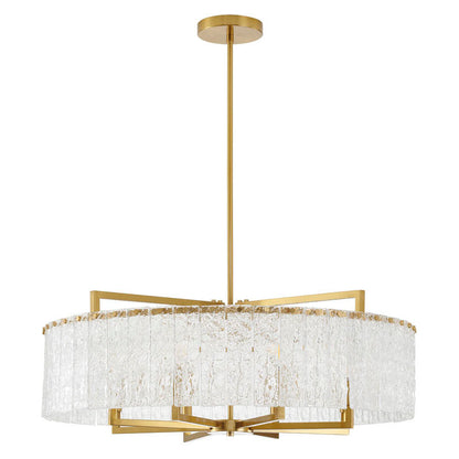 Round Brass Frame Chandelier with Clear Hanging Rippled Glass