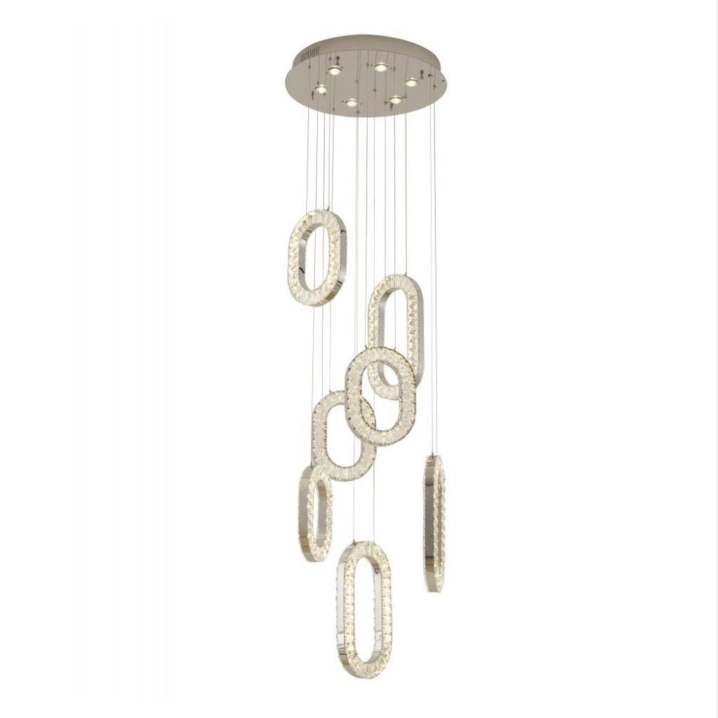 Chrome Flushed Frame LED Chandelier With Oval Clear Crystal Hanging Pendants