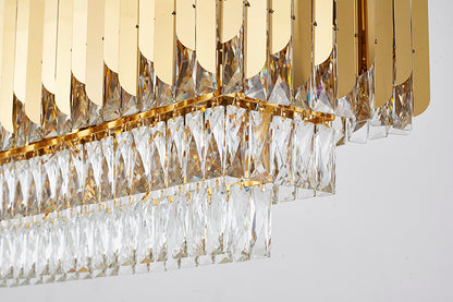 Gold Rectangular Chandelier With Clear Hanging Crystals