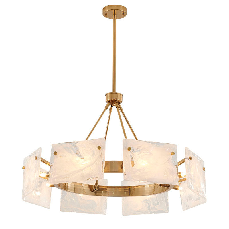 Gold Plated Chandelier with White Stained Glass Shades