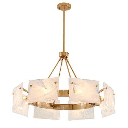 Gold Plated Chandelier with White Stained Glass Shades
