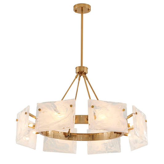Gold Plated Chandelier with White Stained Glass Shades