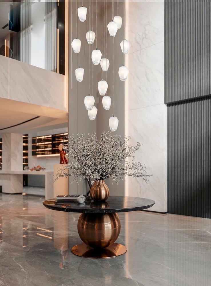 Round Metal Flushed Chandelier with Hanging White Glass Pendants