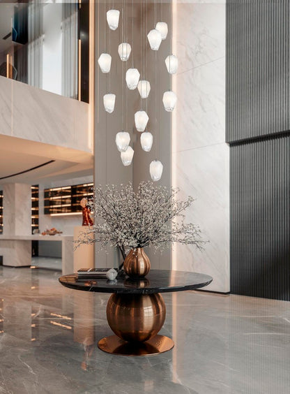 Round Metal Flushed Chandelier with Hanging White Glass Pendants