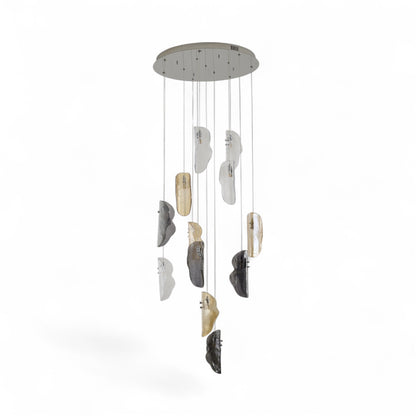 Chrome Metal Frame Chandelier With Clear, Smoke and Amber Glass Pendants