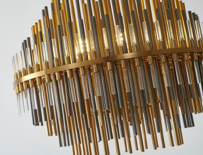 Brass Stainless Steel Chandelier with Black Iron and Clear Glass Tubes