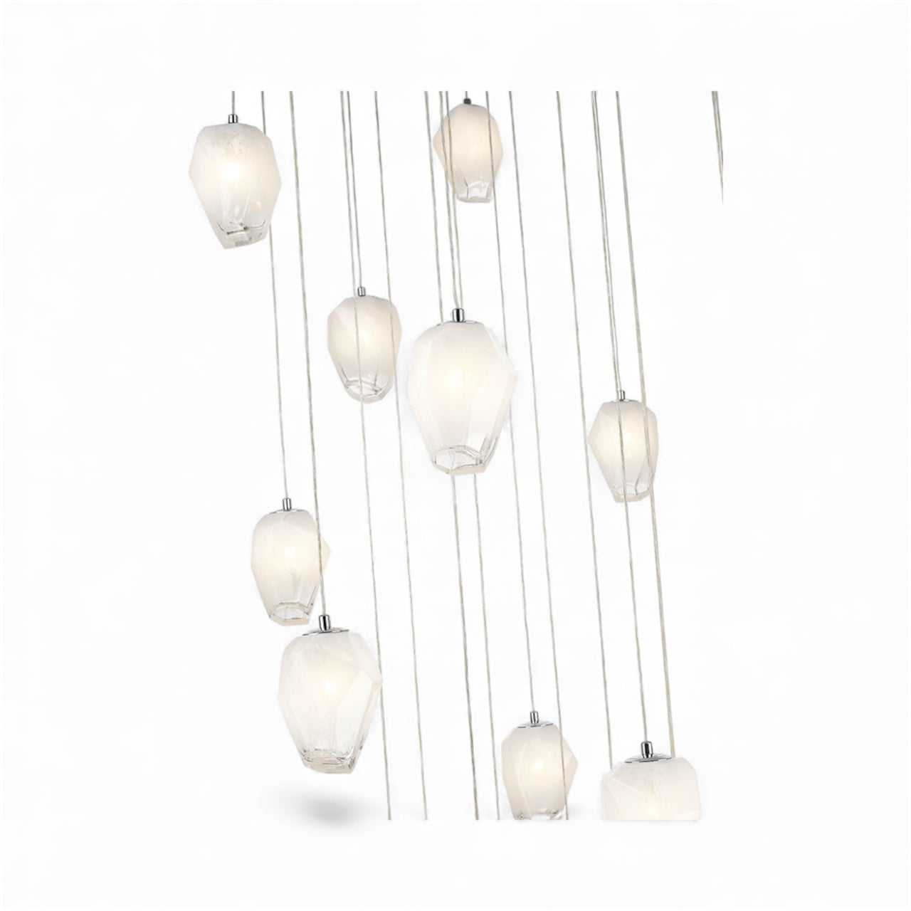 Round Chrome Flushed Chandelier with Hanging White Glass Pendants