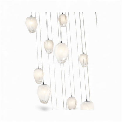 Round Chrome Flushed Chandelier with Hanging White Glass Pendants