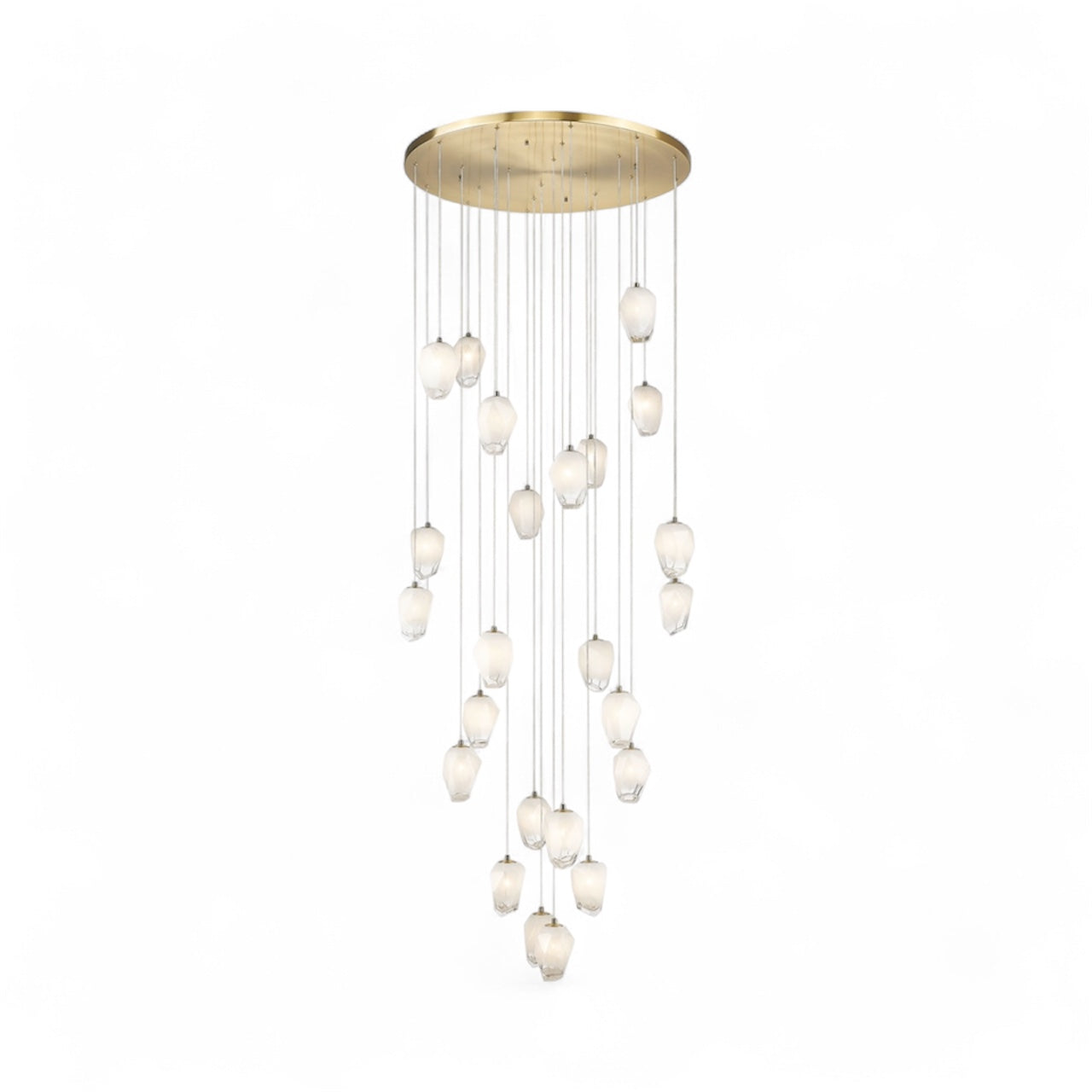 Round Gold Flushed Chandelier with Hanging White Glass Pendants