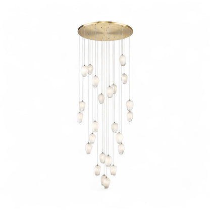 Round Gold Flushed Chandelier with Hanging White Glass Pendants