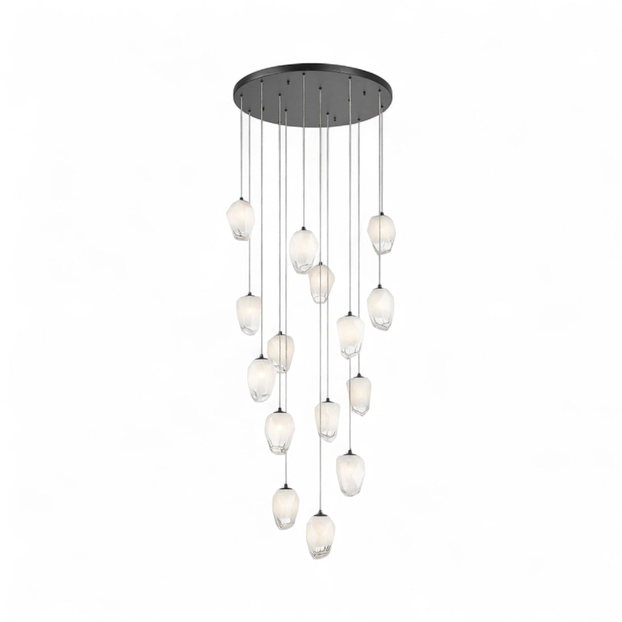 Round Metal Flushed Chandelier with Hanging White Glass Pendants