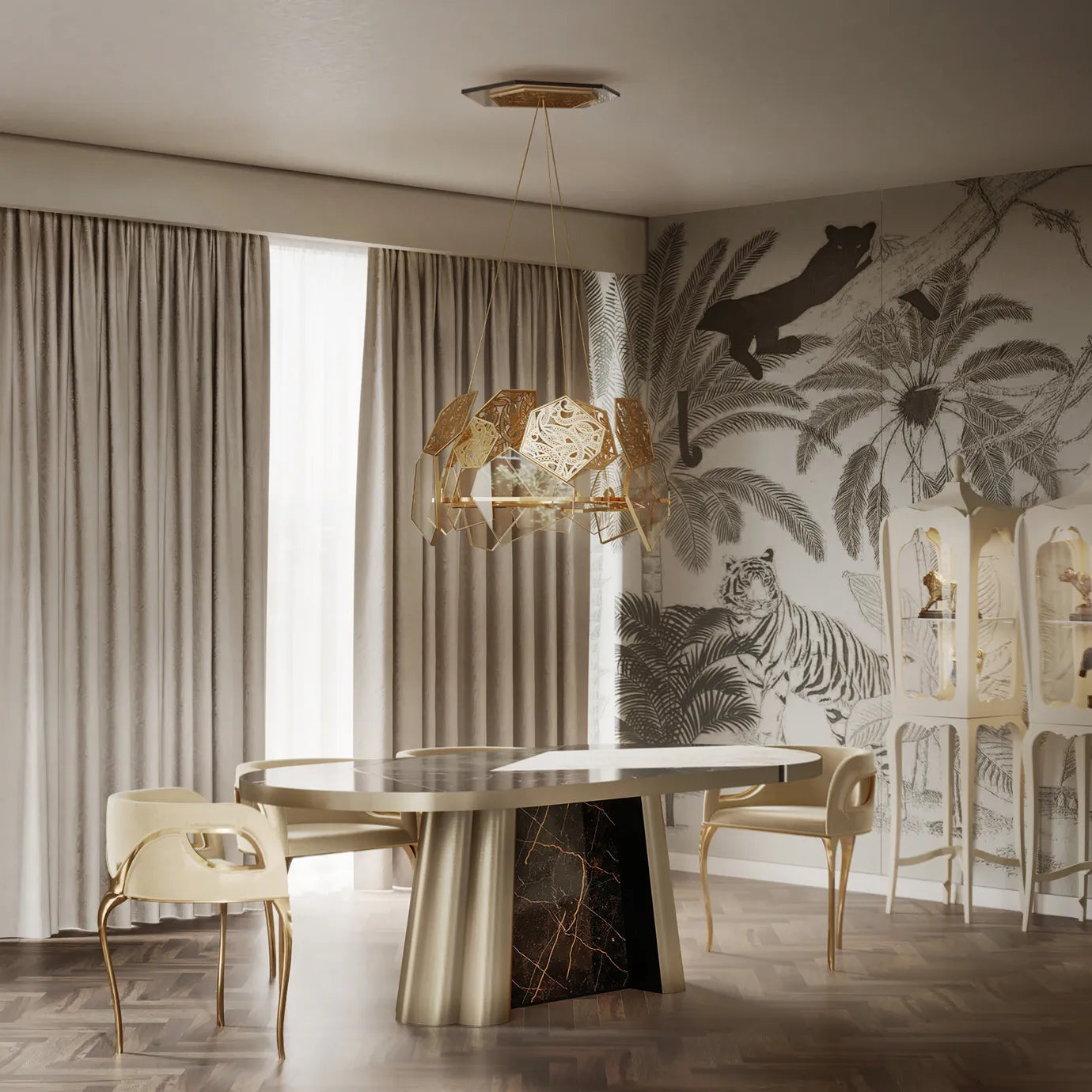 Decodiva Golden & Spider Marble Dining Table