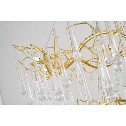 3 Tier Gold Solid Brass Frame Chandelier with Clear Glass Hanging Drops