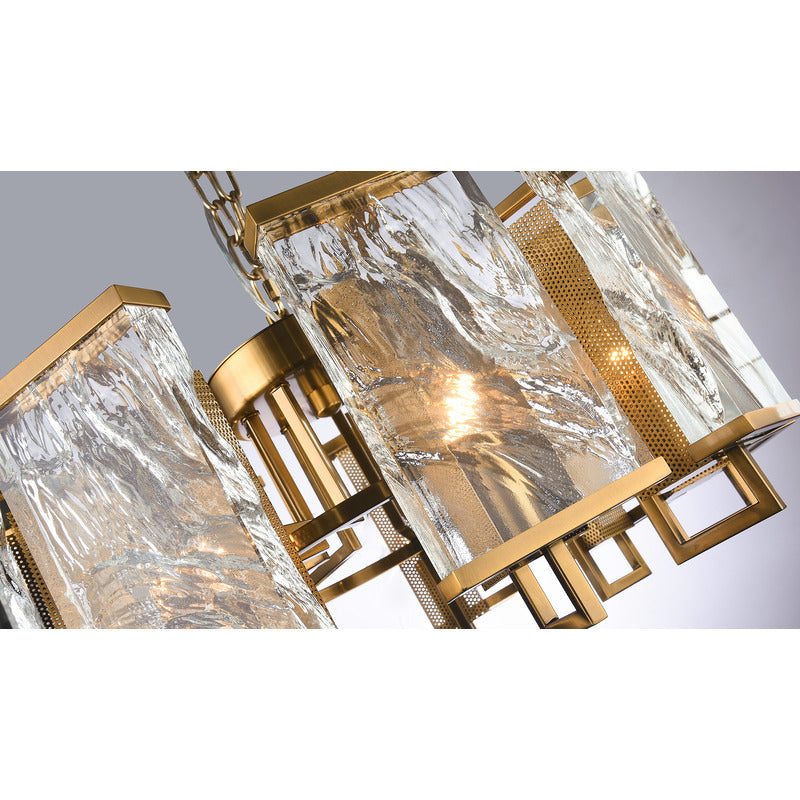 Brass Frame Chandelier WITH Clear Distorted Crystal Plaques