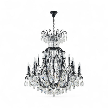 3 Tier Matte Black Chandelier with Clear Hanging Crystals