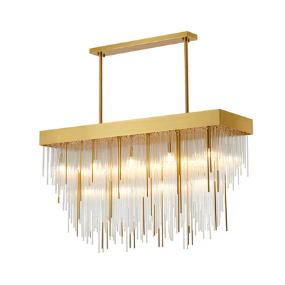 Satin Brass Rectangular Chandelier With Clear Hanging Looped Glass