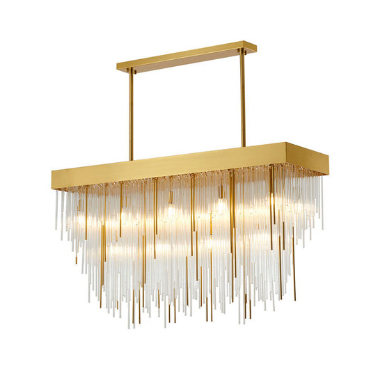 Satin Brass Rectangular Chandelier With Clear Hanging Looped Glass