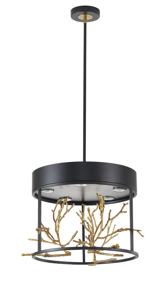 Matte Black Pendant Light with Gold Branch Accent