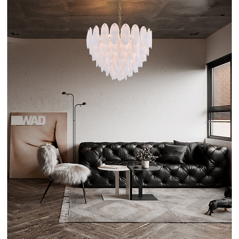 Seven Tier Brass Chandelier With Frosted Hanging Petal Glass