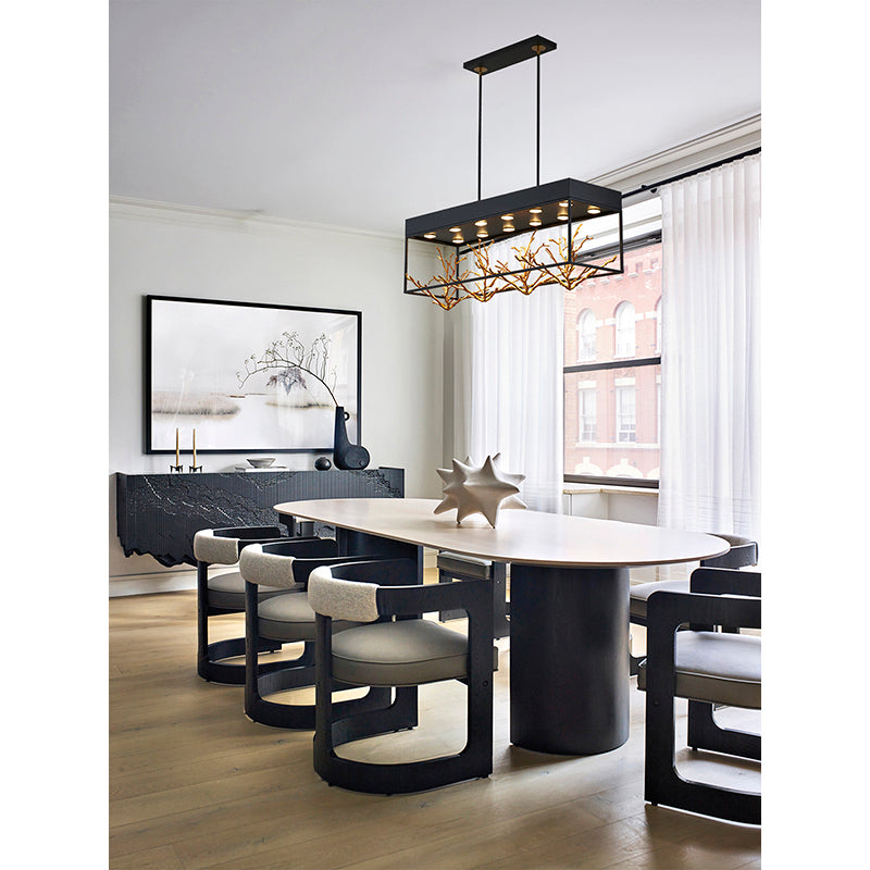 Matte Black Rectangular Frame Chandelier With Gold Branch Accent