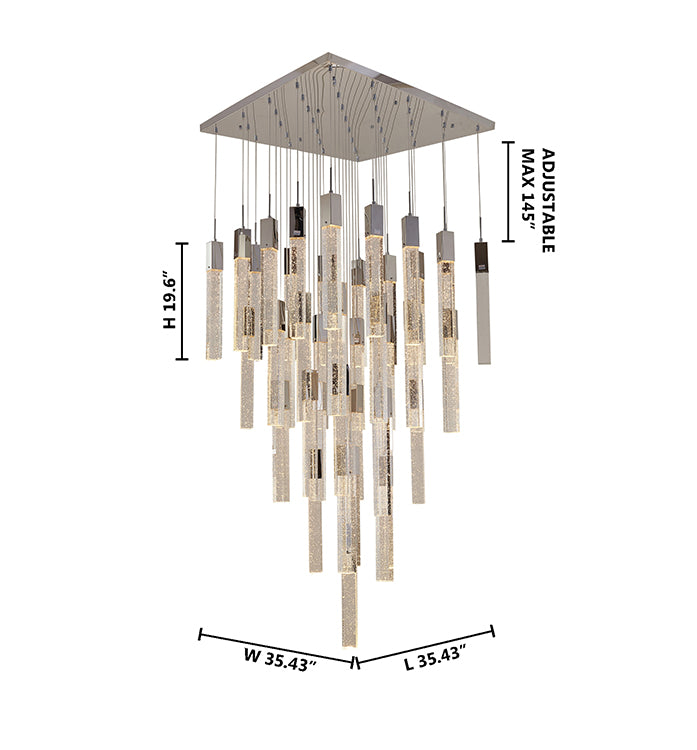 Chrome/Black Flushed Frame Chandelier with Hanging Clear Block Bubble Crystals