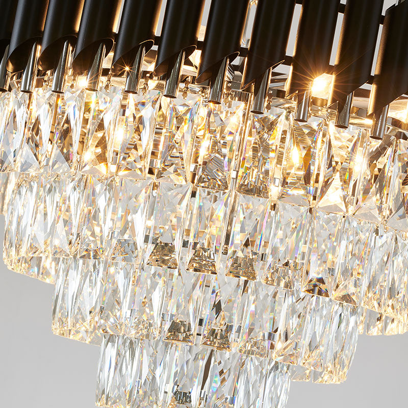 Round Black & Chrome Chandelier With Clear Hanging Crystals