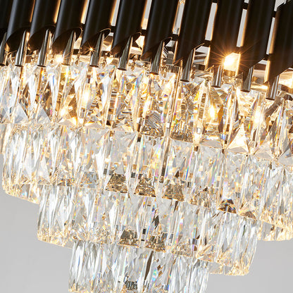 Round Black & Chrome Chandelier With Clear Hanging Crystals