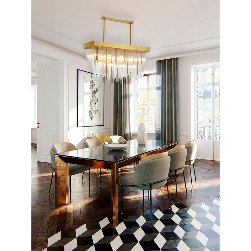 Satin Brass Rectangular Chandelier With Clear Hanging Looped Glass