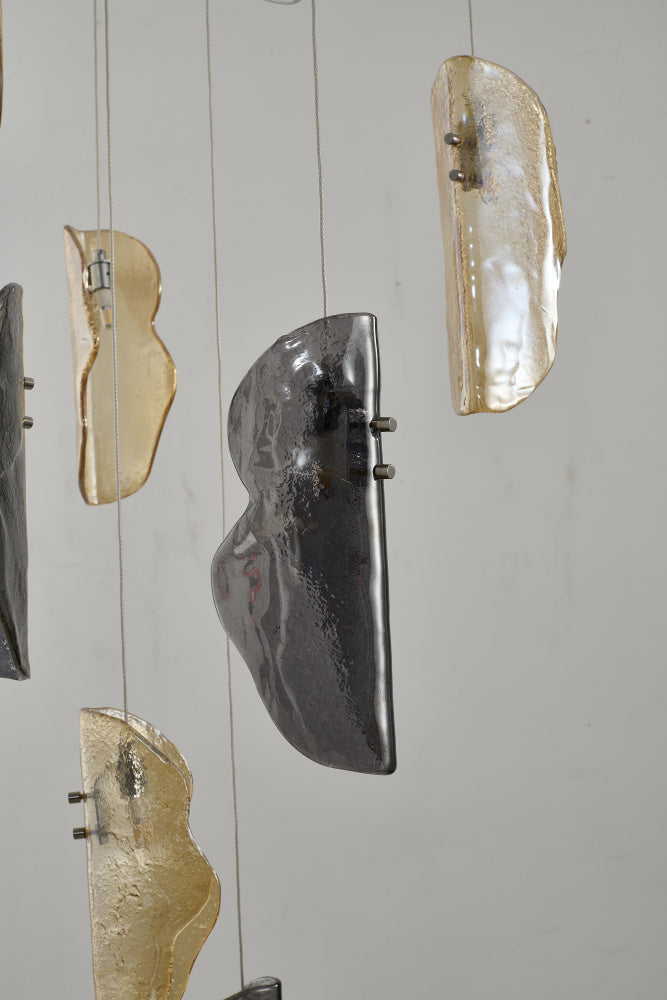 Chrome Metal Frame Chandelier With Clear, Smoke and Amber Glass Pendants