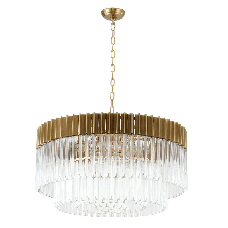 Round Brass Chandelier With Clear Hanging Crystals