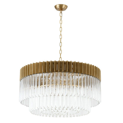 Round Brass Chandelier With Clear Hanging Crystals