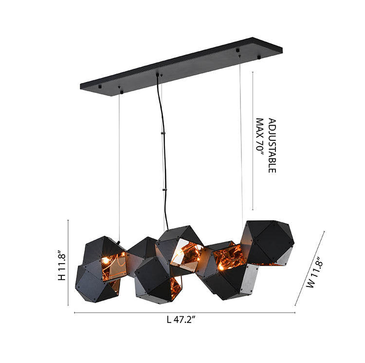 Black Block Framed Chandelier With A Reflective Copper Interior