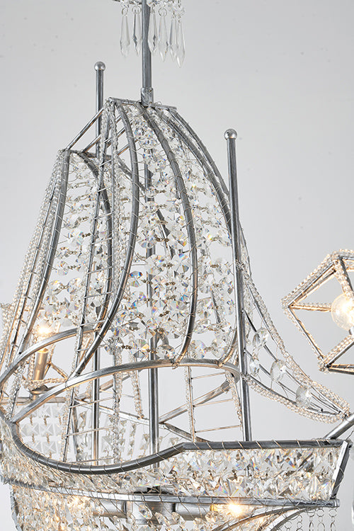 Antique Silver Sail Boat Chandelier With Clear Hanging Crystals
