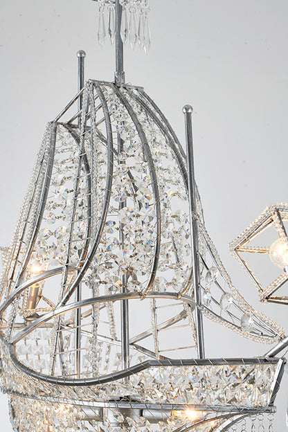 Antique Silver Sail Boat Chandelier With Clear Hanging Crystals