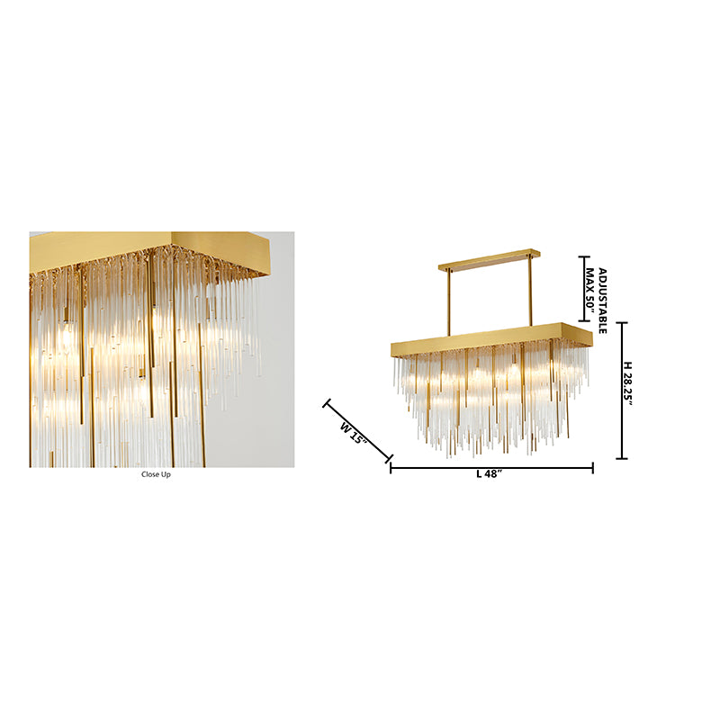 Satin Brass Rectangular Chandelier With Clear Hanging Looped Glass