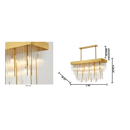 Satin Brass Rectangular Chandelier With Clear Hanging Looped Glass