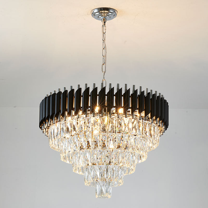 Round Black & Chrome Chandelier With Clear Hanging Crystals