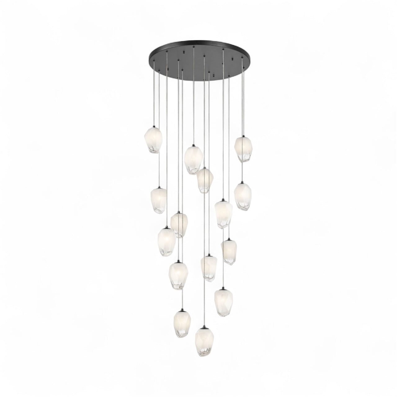 Round Metal Flushed Chandelier with Hanging White Glass Pendants