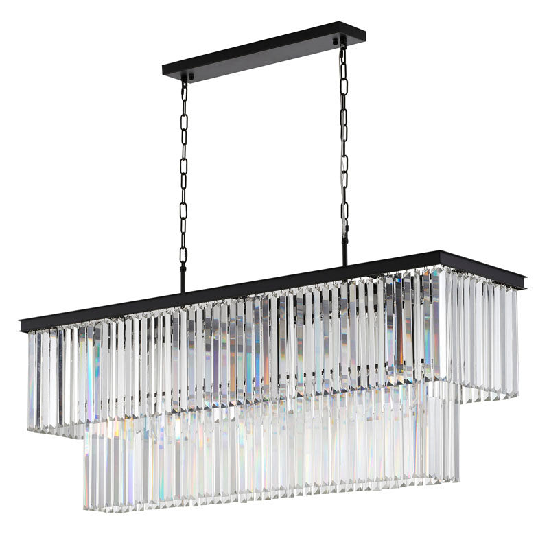 Two Tier Black Chandelier With Clear Hanging Crystals