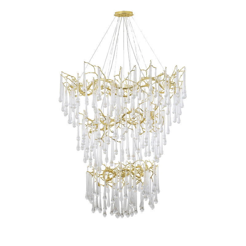 Three Tier Gold Solid Brass Chandelier With Clear Glass Hanging Drops