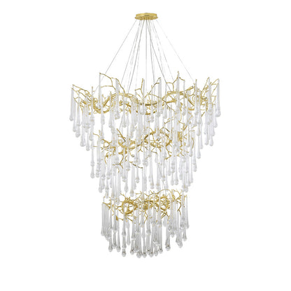 Three Tier Gold Solid Brass Chandelier With Clear Glass Hanging Drops