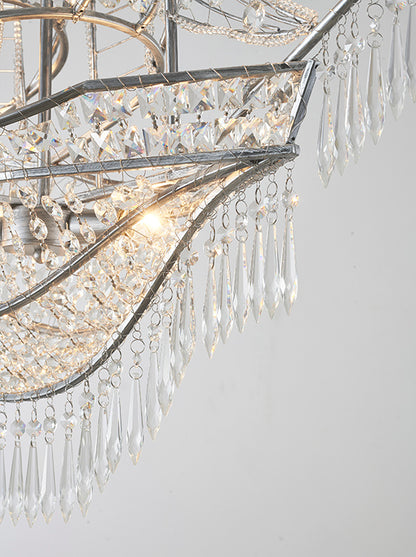 Antique Silver Sail Boat Chandelier With Clear Hanging Crystals