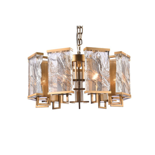 Brass Frame Chandelier WITH Clear Distorted Crystal Plaques