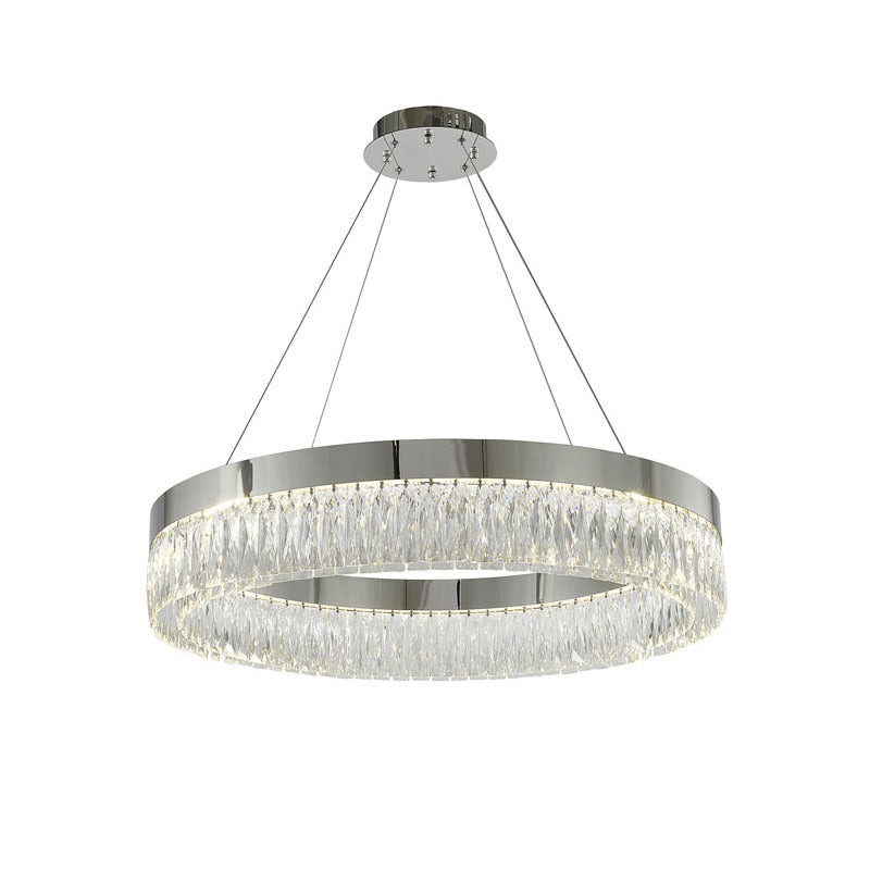 Round Chrome LED Chandelier With Clear Hanging Crystals