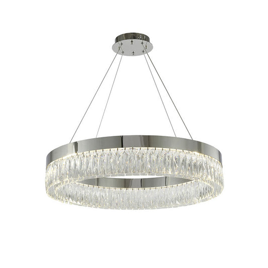 Round Chrome LED Chandelier With Clear Hanging Crystals