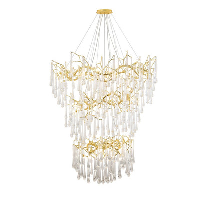 3 Tier Gold Solid Brass Frame Chandelier with Clear Glass Hanging Drops