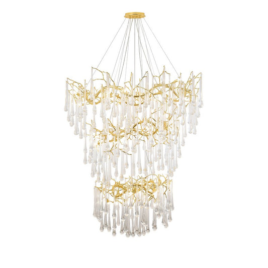 3 Tier Gold Solid Brass Frame Chandelier with Clear Glass Hanging Drops