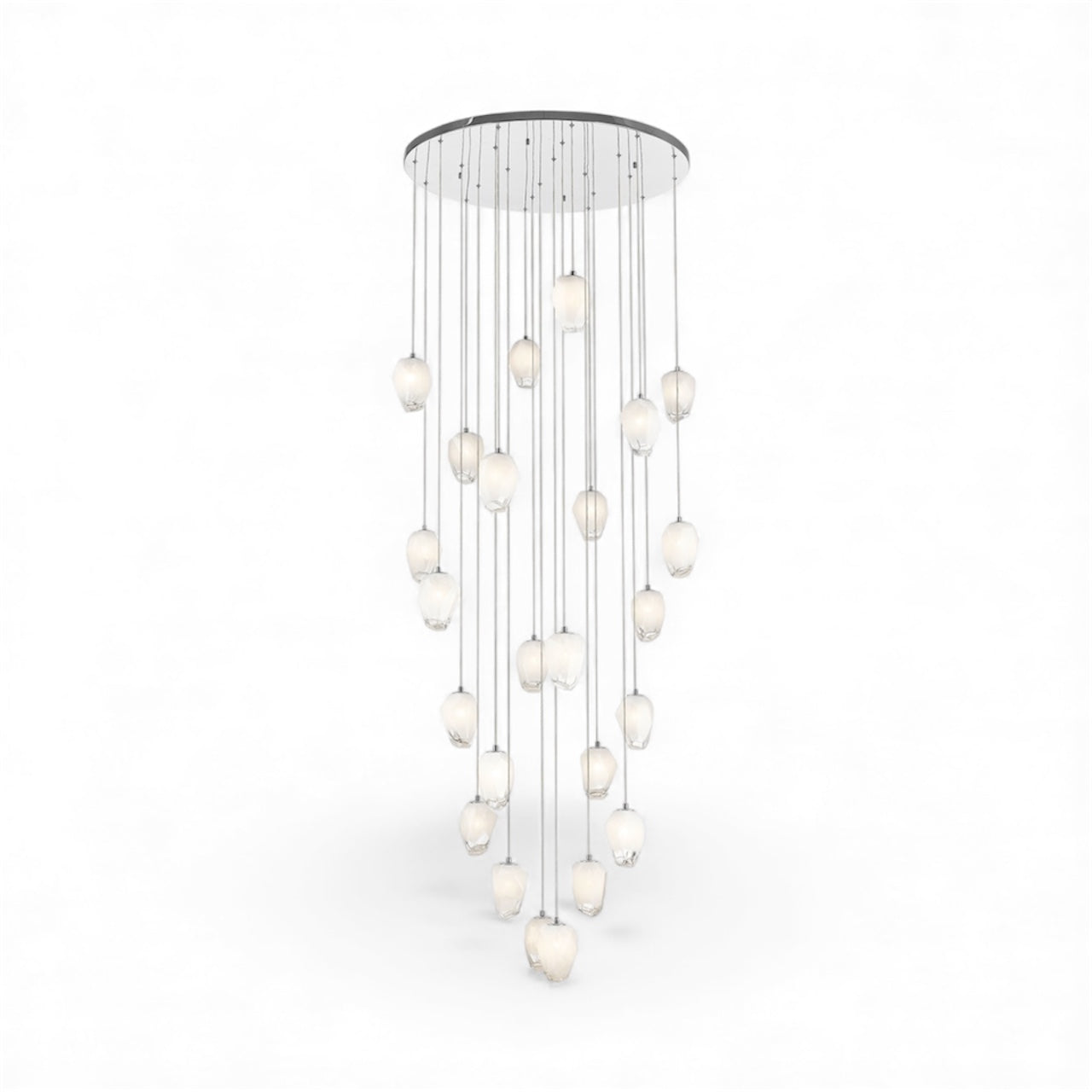 Round Chrome Flushed Chandelier with Hanging White Glass Pendants